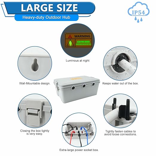 NineLeaf Large Outdoor Electrical Box Waterproof (12.5 x 8.5 x 5 inch), IP54 Weatherproof Extension Cord Cover with 7 Cable Seal Entry, Protect Power Strip, Timer Outlet Plug, Holiday Light,Grey