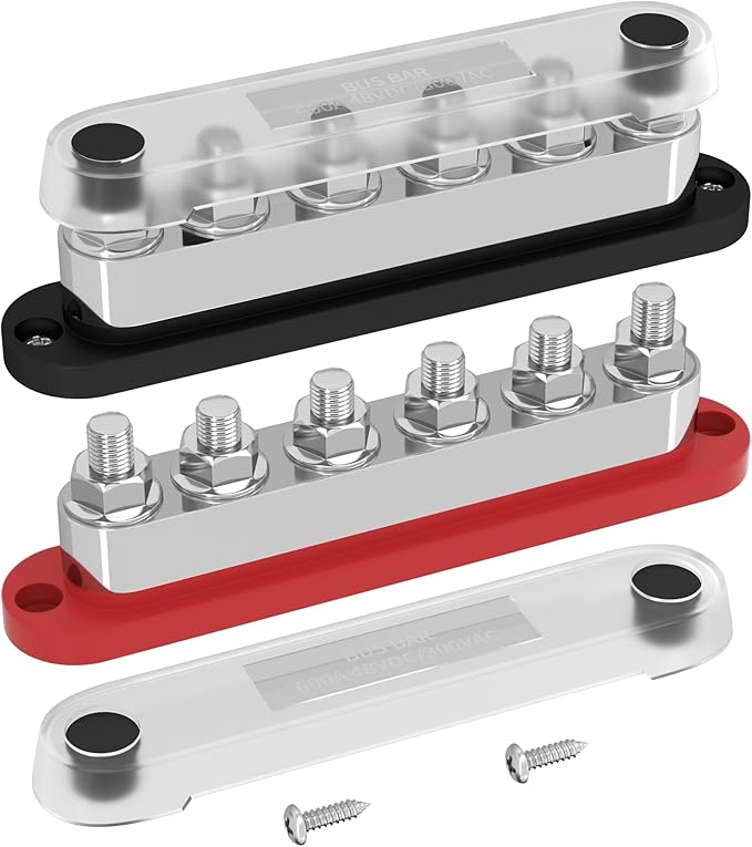 DAIERTEK 600A Power Distribution Block 12V Bus Bar Terminal Block 6 x 3/8" Terminal Studs 12 Volt Marine Bus Bar with Cover Positive & Negative for Automotive Car Boat Solar System