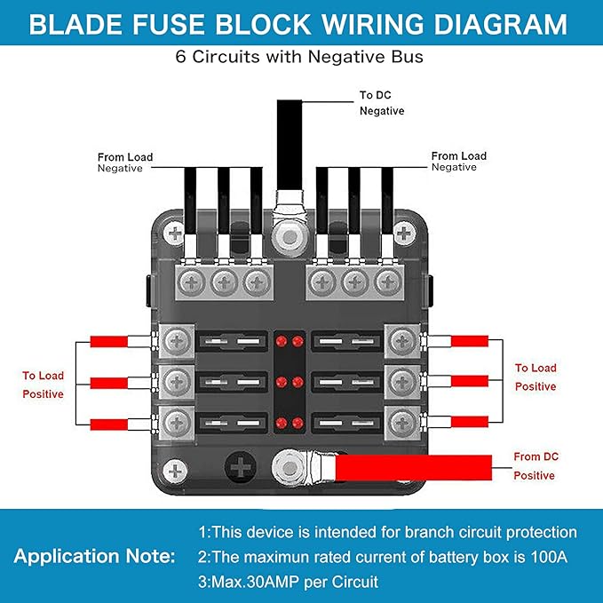 6 Way Fuse Block,12V Blade Fuse 6 Circuit ATC/ATO Waterproof Fuse Box Holder with LED Indicator Waterpoof Cover for 12V/24V Automotive Truck Boat Marine RV Van Vehicle