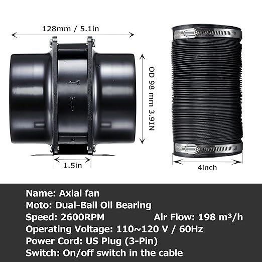 4inch Axial Fan Kit, Exhaust Extractor Blower Ventilation Fan with Button Switch, Dryer Hose for Grow Tent, HVAC, 3D Printer