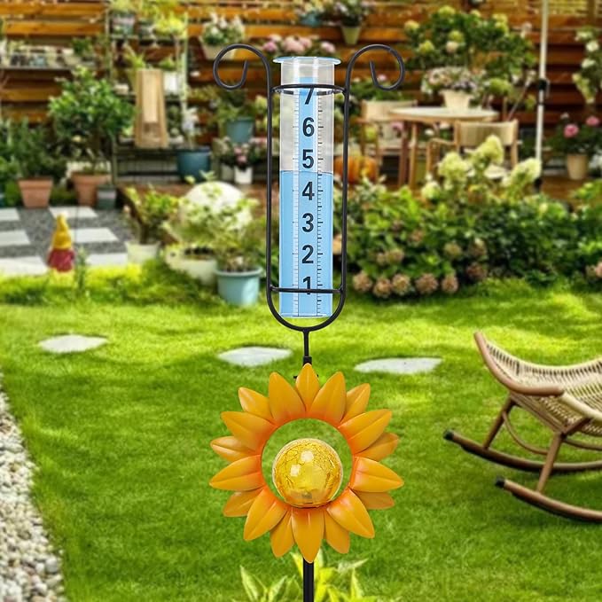 MUMTOP Rain Gauge Outdoor, 34 Inch Large Number Solar Lights Sunflower Water Gauge for Lawn, Yard and Garden