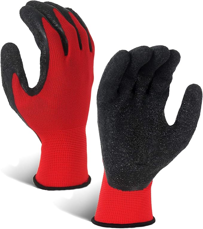 Evridwear Crinkle Latex Rubber Hand Coated Safety Work Gloves for Men Women General Multi Use Construction Warehouse Gardening Assembly Landscaping,Red Large 12 Pairs Pack