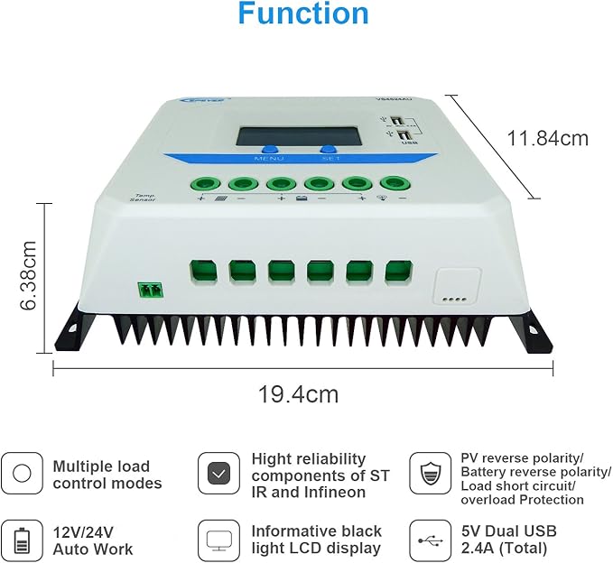 EPEVER Solar Charge Controller 45A VS4524AU Solar Panel Battery Charging Regulator 12V/24V Auto Work with LCD Display Dual USB Ports 5V 2.4A Output (45A)