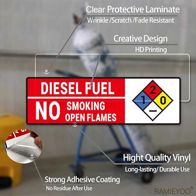 Diesel Fuel No Smoking No Open Flames Sign,5 Pack Adhesive Vinyl Safety Warning Sign with NFPA Symbol -10x3 inches