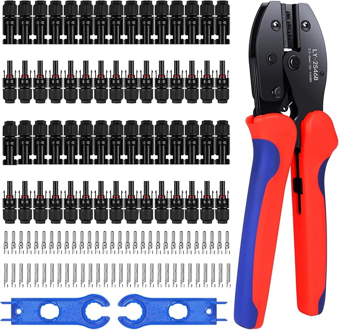63 PCS Solar Connector Kit - Solar Crimping Tool for Solar Panel Cable with 30 Pairs Male/Female Solar Connectors, 1PCS Wire Crimper, 2 PCS Spanners Wrench, Crimper Set for 2.5/4mm² Solar PV Wire