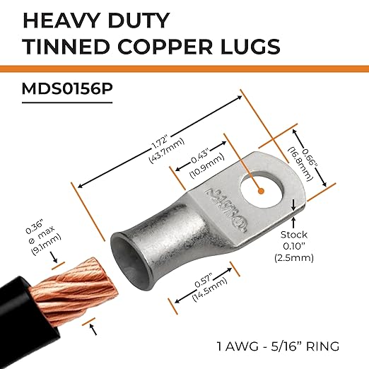 SELTERM 25pcs 1 AWG 5/16" Stud Marine Grade Tinned Copper Battery Cable Lugs, 1 Gauge Ring Terminals, UL Wire Lugs Electrical Cable Ends, Terminal Connectors