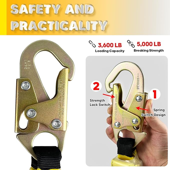 Fall Protection Safety Rope 100 FT Heavy Duty Vertical Roofing Rope with Alloy Steel Grab Snap Hooks Shock Absorber Fall Protection Tree Climbing Line Kit Tree Stand Safety Line Kit