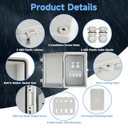 Waterproof Electrical Junction Box Outdoor, IP65 Thicken ABS Plastic Project Enclosure Weatherproof with 1 Grid Mounting Plate, 2 Cable Glands, 4 Wall Brackets and 8 Screws (Medium:11.4"x7.5"x5.7")