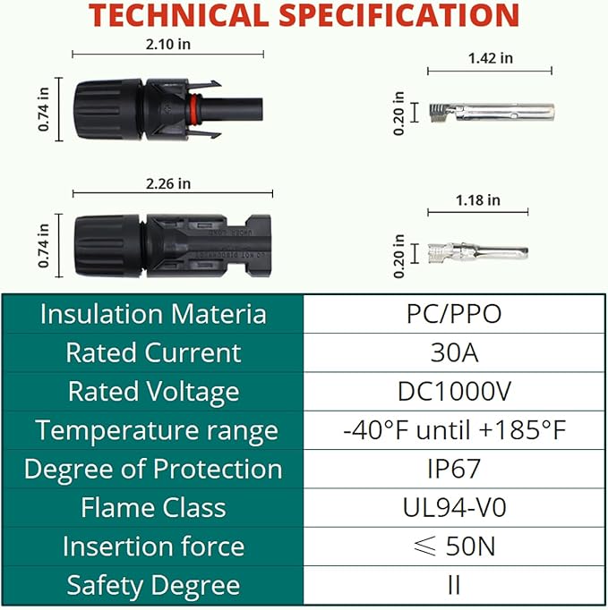 MC4 Connectors Solar Cable Connectors IP67 Waterproof Solar Panel Connector 10 Pairs (Male/Female) Solar Cable Connectors Providing Reliable PV Solar Power