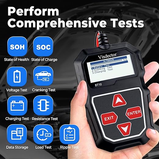 BT10 Car Battery Tester 12V 100-2000 CCA Digital Battery Load Tester, Automotive Alternator Starter Tester, Auto Battery Analyzer for Car, SUV, Light Truck, Boat