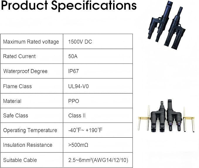 Solar Branch Connector Y-Connector, for Parallel Connection Between Solar Panels 1000V/1500V 50A Complimentary MC-4 Wrench Assembly and Disassembly Crimping Tool (MFF/FMM) 1Pack