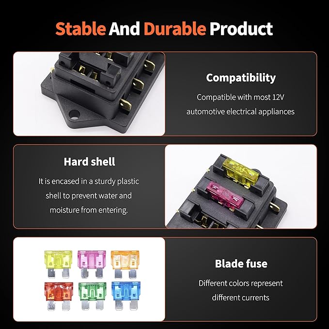 HiSport Fuse Block 6 Way Blade Fuse Box 12V 24V Waterproof Fuse Holder with Negative Bus ATC/ATO Suitable for Marine Yacht RV Car Trailer Truck