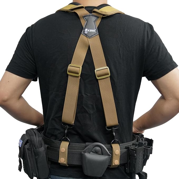 KUNN Tactical Duty Belt Suspenders with Metal Hook,Men Padded Police Harness for Duty Belt,Khaki