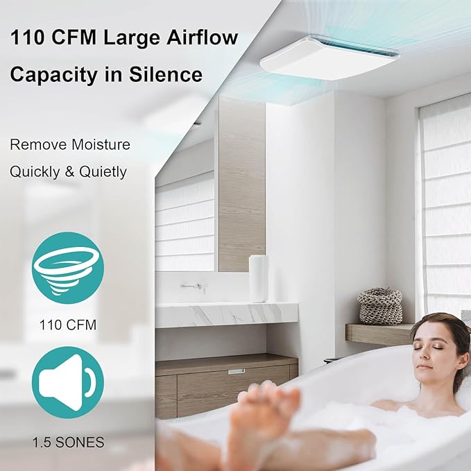 Bathroom Exhaust Fan Ceiling Mount 110CFM, Quiet Ventilation Fan 1.5 Sones with Hidden Grille Cover & Metal Motor, 4-inch Duct Household Extractor, Ideal for Bathroom Remodeling (White)