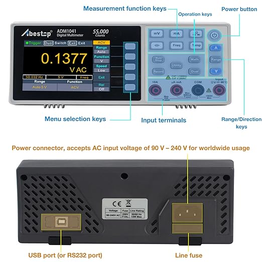 Abestop ADM1041 Multimeter, Bench Multimeter Tester, 1000V DC Voltage Tester and 10A AC/DC Current, True RMS, Resistance, Frequency, Capacitance, Diode, Continuity for Multiple Testing
