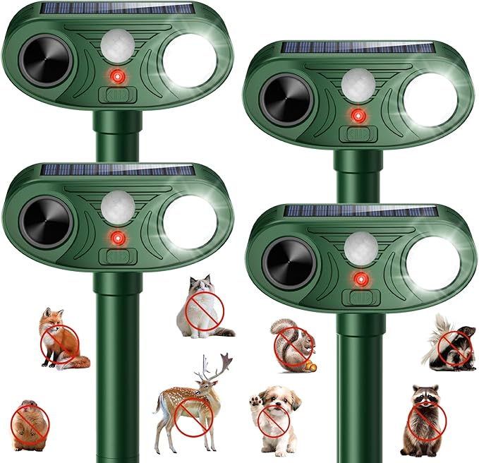 2026 Upgraded Ultrasonic Solar Animal Repellent Outdoor, Deer Repellent Devices Squirrel Cat Raccoon Rabbit Dog Deterrent with Motion Sensor Flash Light for Yard Garden Lawn-4 Pack