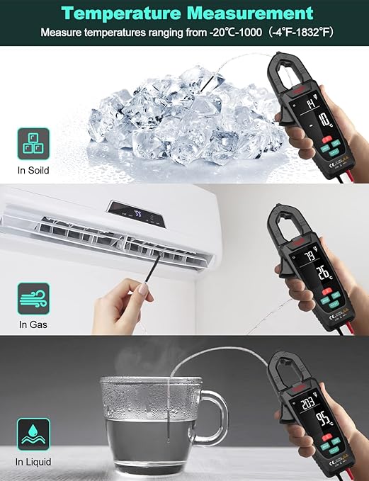 Digital Clamp Meter Multimeter for AC/DC Current & Voltage, Auto-ranging 9999 Counts Voltage Tester with Flashlight Backlight, Measuring Temperature Continuity Diode NCV