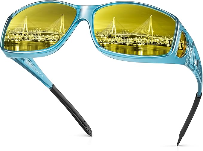 URUMQI Night Vision Driving Glasses Fit Over Eyeglasses for Men Women, Anti Glare Polarized Nighttime Glasses Yellow Lens