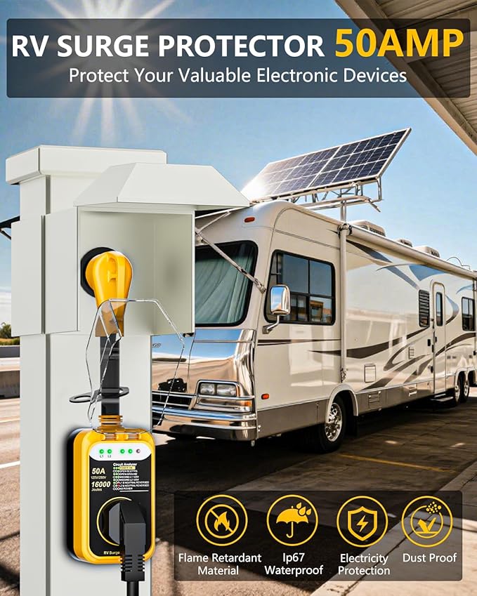 RV Surge Protector 50 Amp,RV Surge Voltage Protection with Safety Certification, 16000 Joules Circuit Analyzer for RV, RV Adapter Plug for Camper (50AMP-Yellow)
