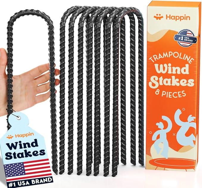 Happin® Trampoline Stakes, Trampoline Accessories, Ground Stakes Heavy Duty, Ground Anchors Screw in, Rebar Stakes, Tent Anchors, Yard Spikes, Galvanized Steel (8 Pack, Black)