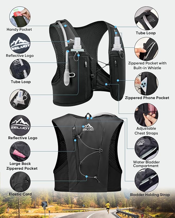 Kids Hydration Backpack with Water Bladder, USA Original Patent, Adjustable Reflective Running Vest with 8 Pockets, Lightweight Kids Hiking Backpack for Boys & Girls