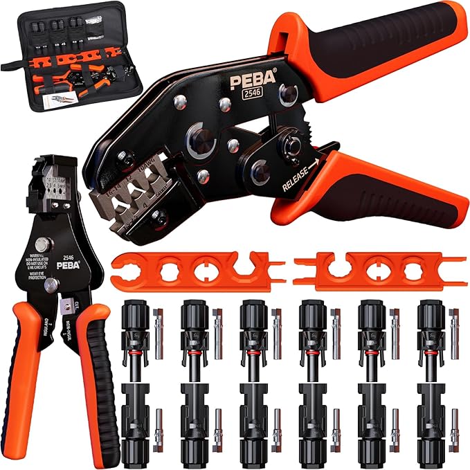 PEBA Solar Crimping Tool - Solar Crimper for AWG16/14/12/10 Solar PV Wire, with 12 Pcs Solar Connectors, Wire Stripper, Spanner Wrench | Ratchet Crimp Tool Kit - Solar Installation