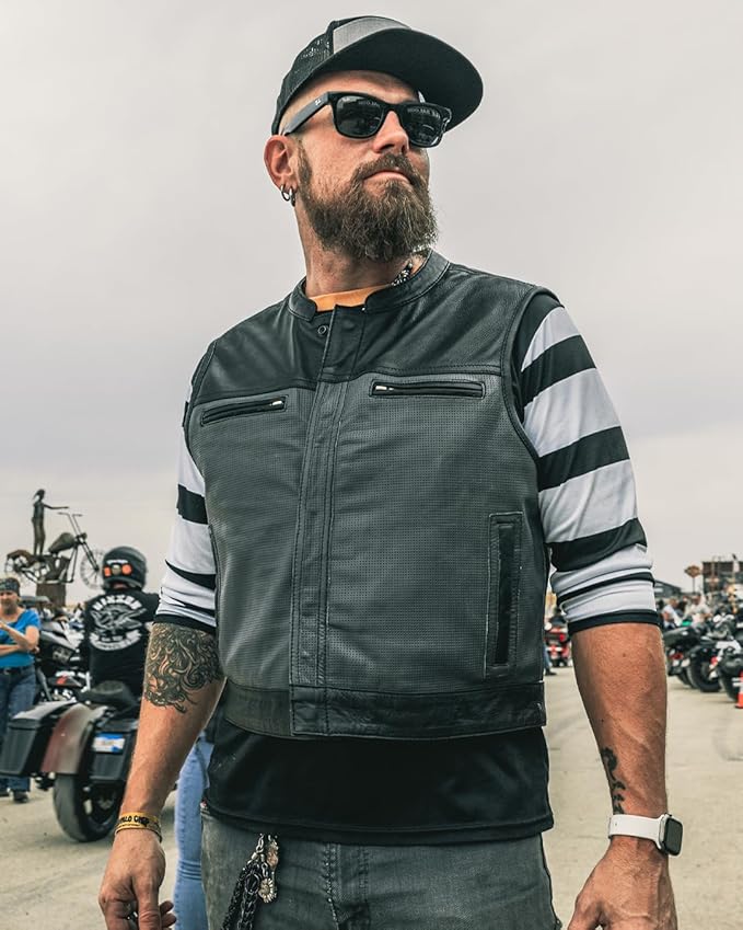 First Mfg Co Lowrider Mens Motorcycle Biker Riding Armor Club Style Black Leather, Twill, Moto Mesh, Perforated Vest