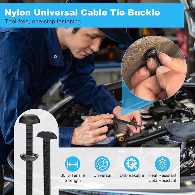 Nylon Universal Cable Tie Buckle for Car, Upgraded Automotive Zipper Clips, Heavy Duty Self-Locking Zip Ties Holder with Pin & Button,Top Movable Dome Design (Black-100Pcs)