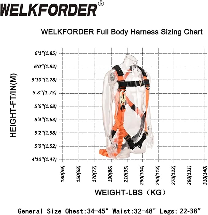 1D-Ring Industrial Fall Protection Safety Harness with 6-Foot Shock Absorber Stretchable Lanyard | Permanent attached Kit | ANSI Compliant Personal Fall Arrest System(PFAS)