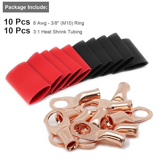 TKDMR 10pcs 8 AWG-3/8 Battery Lugs,Heavy Duty Wire Lugs,Ring Terminals,Battery Cable Ends,0 Guage terminals,Battery Terminal Connectors with 10pcs 3:1 Heat Shrink Tubing
