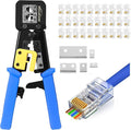 Pass Through RJ45 Crimp Tool Cat 6 Cat 5E Cat 5 Ethernet Crimper All-in-One RJ45 Crimping Tool with 30 Pcs Cat6 RJ45 Pass Thru Connector and Replacement Blade