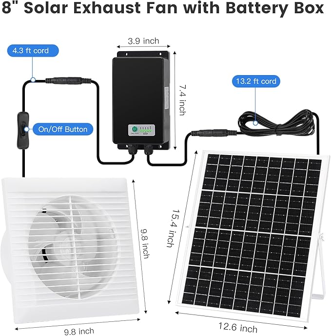 Solar Exhaust Fan, Solar Powered Vent Fan Kit for Outside Greenhouse Shed Chicken Coop (8" Fan with Battery)