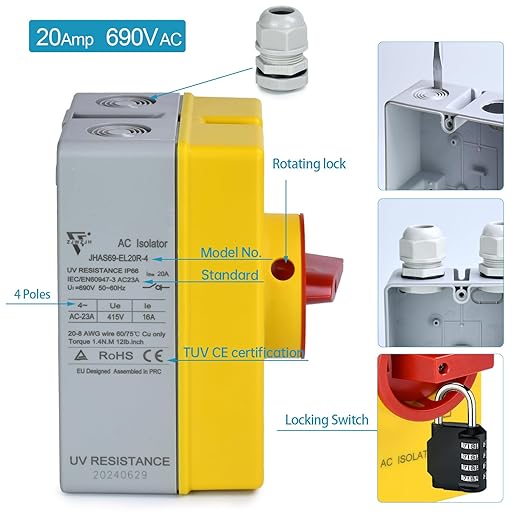 20 Amp AC Disconnect Switch 4-Pole AC 690V Isolator Switch IP66 Waterproof Isolation PV On Off Ac Disconnect Box Outdoor Rotary 2 Positions