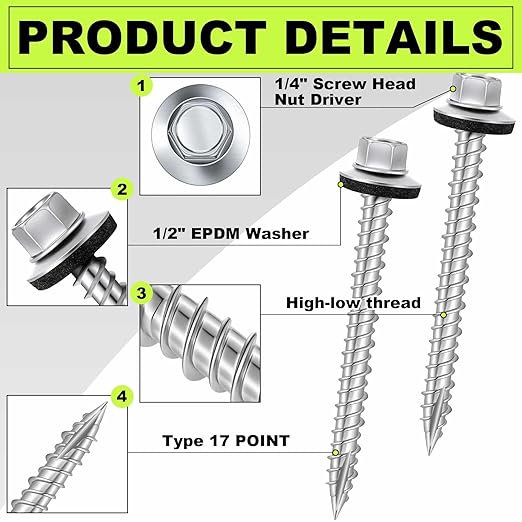 Tandefio 500 Pcs #10 x 2 Hex Head Metal Roofing Screws, Sharp Point, Galvanized, Roof Self Starting Tapping Siding Sheet with Rubber Washer Seal for Wood Panels Summer(Zinc)
