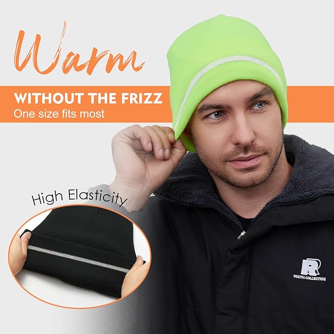 MELASA Fleece Lined Warm Winter Hat, High Visible Reflective Strip Knit Cuffed Beanie Safety Hat for Outdoor Work Running