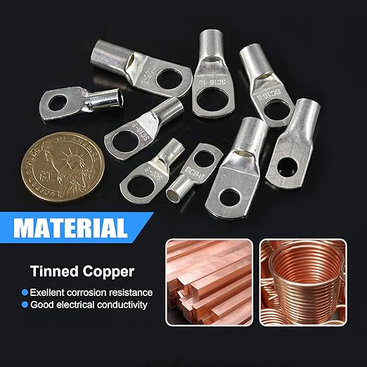Glarks 65Pcs Assorted Heavy Duty Wire Lugs Battery Cable Tinned Copper Eyelets Tubular SC Ring Terminals Connectors with Spy Hole Assortment Kit