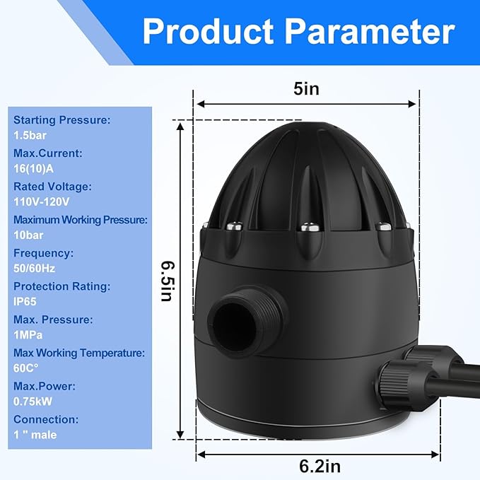 IP65 Automatic Pump Controller, Rotary Adjustment, Metal Pump Connector, Electronic Switch Control Water Pump Pressure Controller, 110V/0.75KW/1MPa,TÜV, Ideal for Home, Garden, and Industrial Use.
