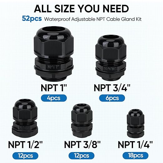 TICONN 52 Pcs IP68 Waterproof Cable Gland Kit Nylon NPT Adjustable Cable Connectors Assortment 1/4” 3/8” 1/2” 3/4” 1“ for Waterproof Junction Box Wire Pannel (Black, 52 Pcs)