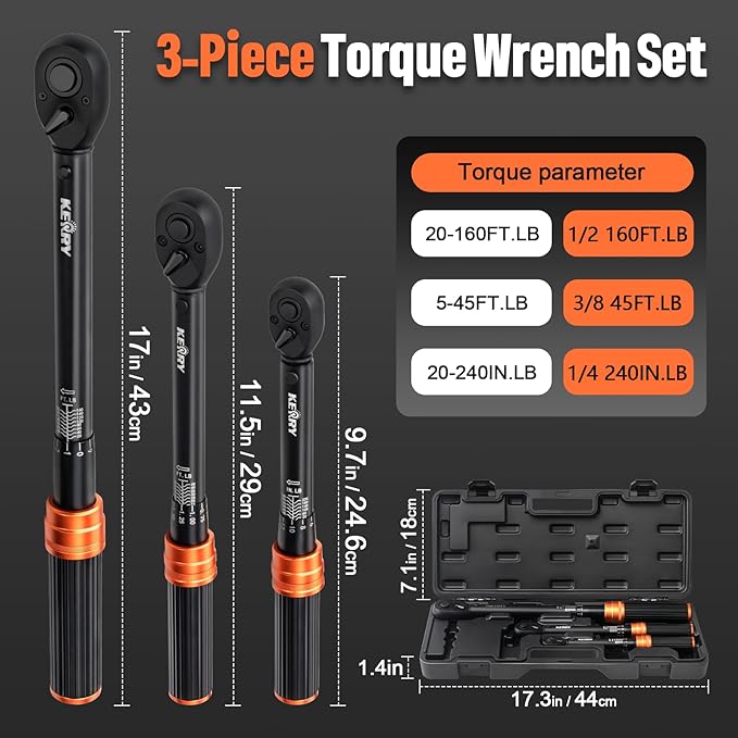Kerry 1/4 3/8 1/2-Inch 3PCS Drive Click Torque Wrench Set, 3% Accuracy 20-240 in.Lb, 5-45 ft.Lb, 20-160 ft.Lb Dual-Scales Precision Tool, 72 Tooth Dual-Direction Calibrated Torque Tool for Bike, Car