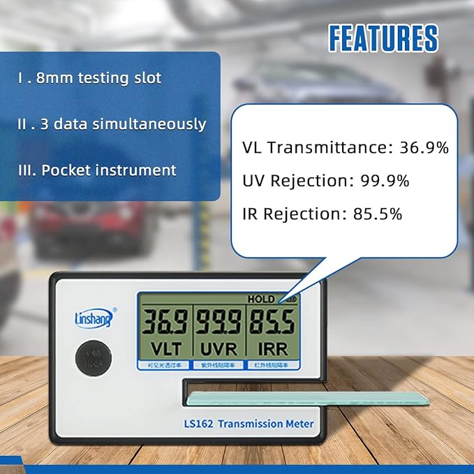 MR CARTOOL Portable Solar Tester Meter, Tint Solar Film Car Transmission Meter Filmed Glass Tester UV IR Rejection Meter Spectrum Tester IR 950nm UV 365nm VR 550nm