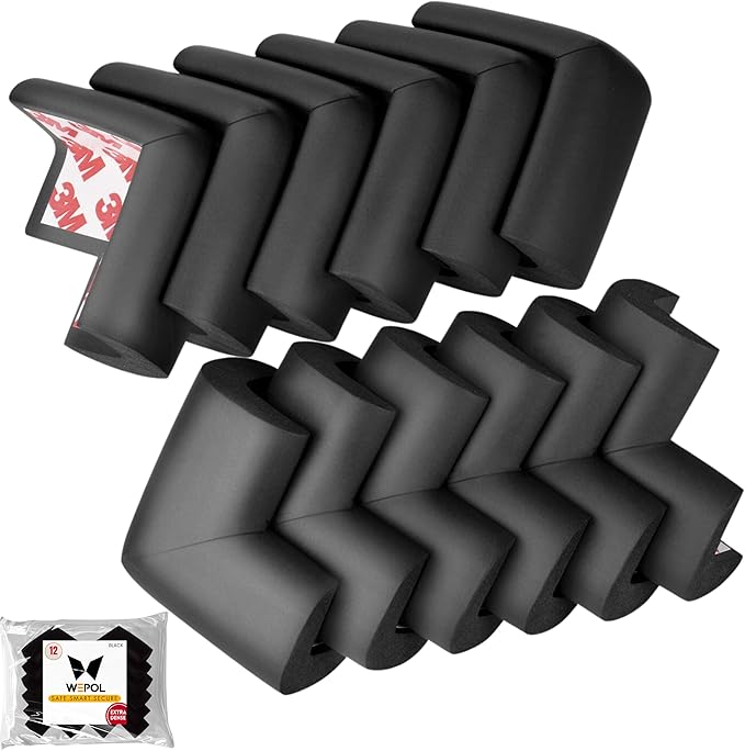 Soft Foam Corner Protectors for Baby, Bed Frame Corner Guards, Sharp Edge Desk Furniture Safety Cover Bumpers for Kids, 3M Adhesive Pre-Taped Rubber Padding Cushion (Black, 12 Pack)