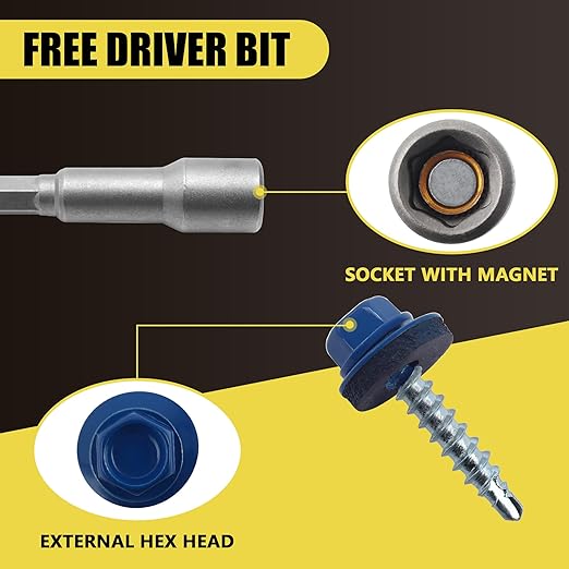 300pcs #10 x 1 Blue Hex Head Self-Drilling Metal Roofing Screws, EPDM Washer, Colored Head, Wood Screws, Sheet Metal Roof Screw with Hex Driver Bit (Blue, 1 in)