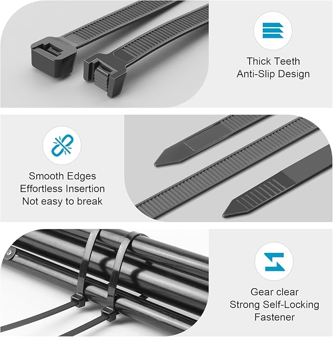 XINGO Black Zip Ties Heavy Duty Assorted Sizes (12"+14"+18"+24") 600 Pack, 220LBS Ultra Strong Plastic Wire Ties, Large Cable Ties Extra Long Tie Wraps For Indoor and Outdoor Use