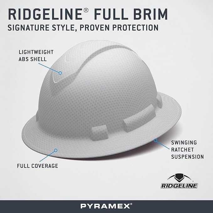 Pyramex Ridgeline Full Brim Hard Hat 4 Point Ratchet Matte White Graphite Pattern