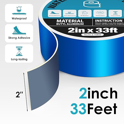 Blue Waterproof Butyl Tape, 2in x 33ft - W x L, All Weather Strong Adhesive Butyl Sealant Tape Metal Roof Repair for Pool Cover, RV Roof, Awning, Windows, Boat, Gutter Patch