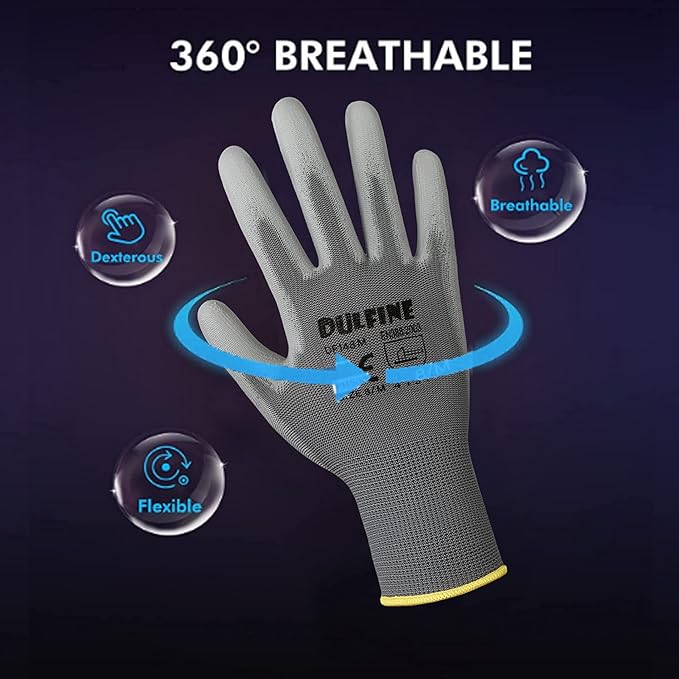 Safety Work Gloves PU Coated-12 Pairs,Grey Seamless Knit Glove with Polyurethane Coated Smooth Grip on Palm & Fingers, for Men and Women, Ideal for General Duty Work (Large)