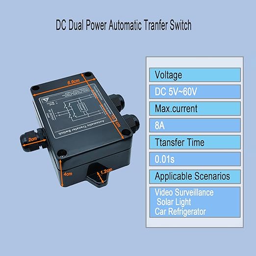 Automatic Transfer Switch DC 60V 5A ATS Auto Transfer Switch,Generator Transfer Switch for RV Camping,Surveillance System,Refrigerator.(DC Double Switching