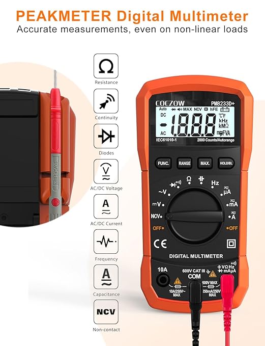 Digital Multimeter,Multimeter Tester, High Sensitivity Voltmeter Ammeter Ohmmeter NCV Circuit Checker Measures AC/DC Voltage,AC/DC Current, Resistance, Diodes, Continuity, Transistor (Black)