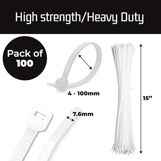 Bolt Dropper 15-Inch White Zip Cable Ties - Pack of 100 Heavy Duty Self-Locking Nylon Wire Ties - 120 lbs Tensile Strength for Indoor and Outdoor Use - Durable, UV and Temperature Resistant Zip Ties