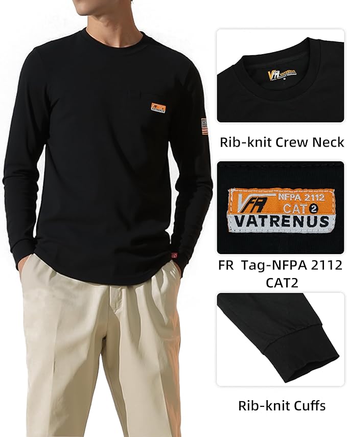 VATRENUS FR Shirt for Men Crewneck Midweight Utility Pocket Fire Resistant Long Sleeve Work Shirts NFPA2112 CAT2
